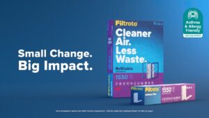 Filtrete™ Refillable Air Filter Kit with Asthma & Allergy Friendly® Certification seal and tagline “Small Change. Big Impact.”