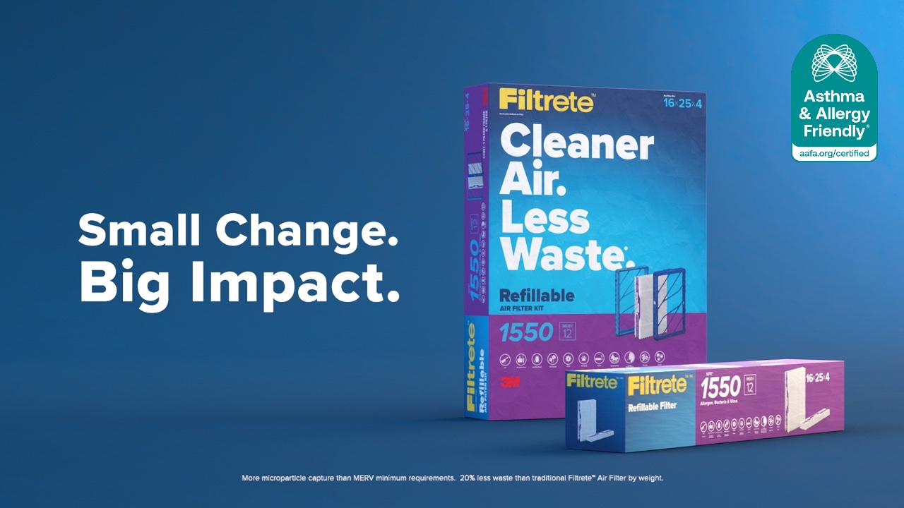Filtrete™ Refillable Air Filter Kit with Asthma & Allergy Friendly® Certification seal and tagline “Small Change. Big Impact.”