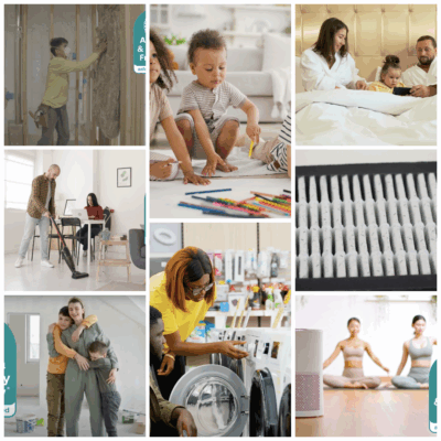 Collage showing people using Certified asthma & allergy friendly® products such as insulation, bedding, filters, air purifiers, washing machines, and vacuums in everyday life