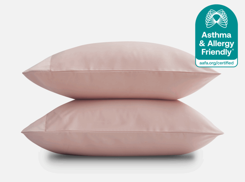 Stack of two blush-colored SIJO pillowcases with Asthma & Allergy Friendly® Certification mark for Prime Day 2025