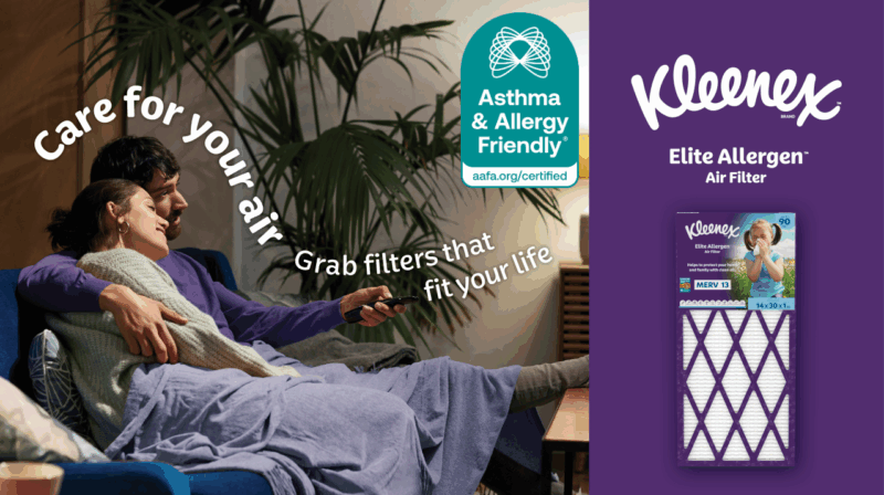 Couple relaxing indoors with Certified Kleenex® Elite Allergen Air Filter (MERV 13) promoting healthier indoor air