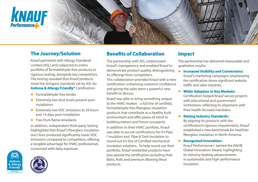 Knauf North America insulation certified asthma & allergy friendly for healthier indoor air quality