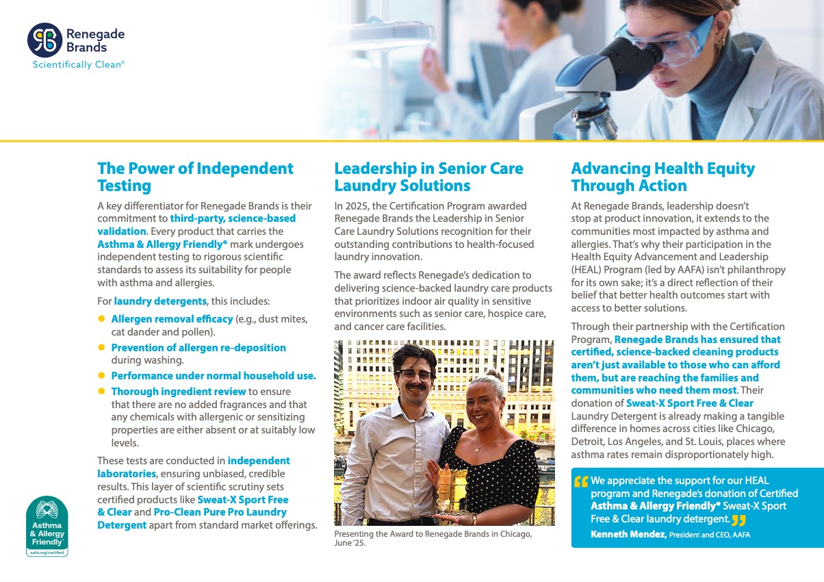 Renegade Brands case study page highlighting independent testing, Leadership in Senior Care award, and HEAL program participation.