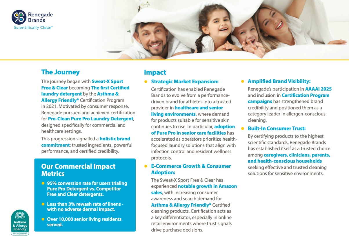 Renegade Brands case study page showing product certification journey, commercial impact metrics, and market expansion.