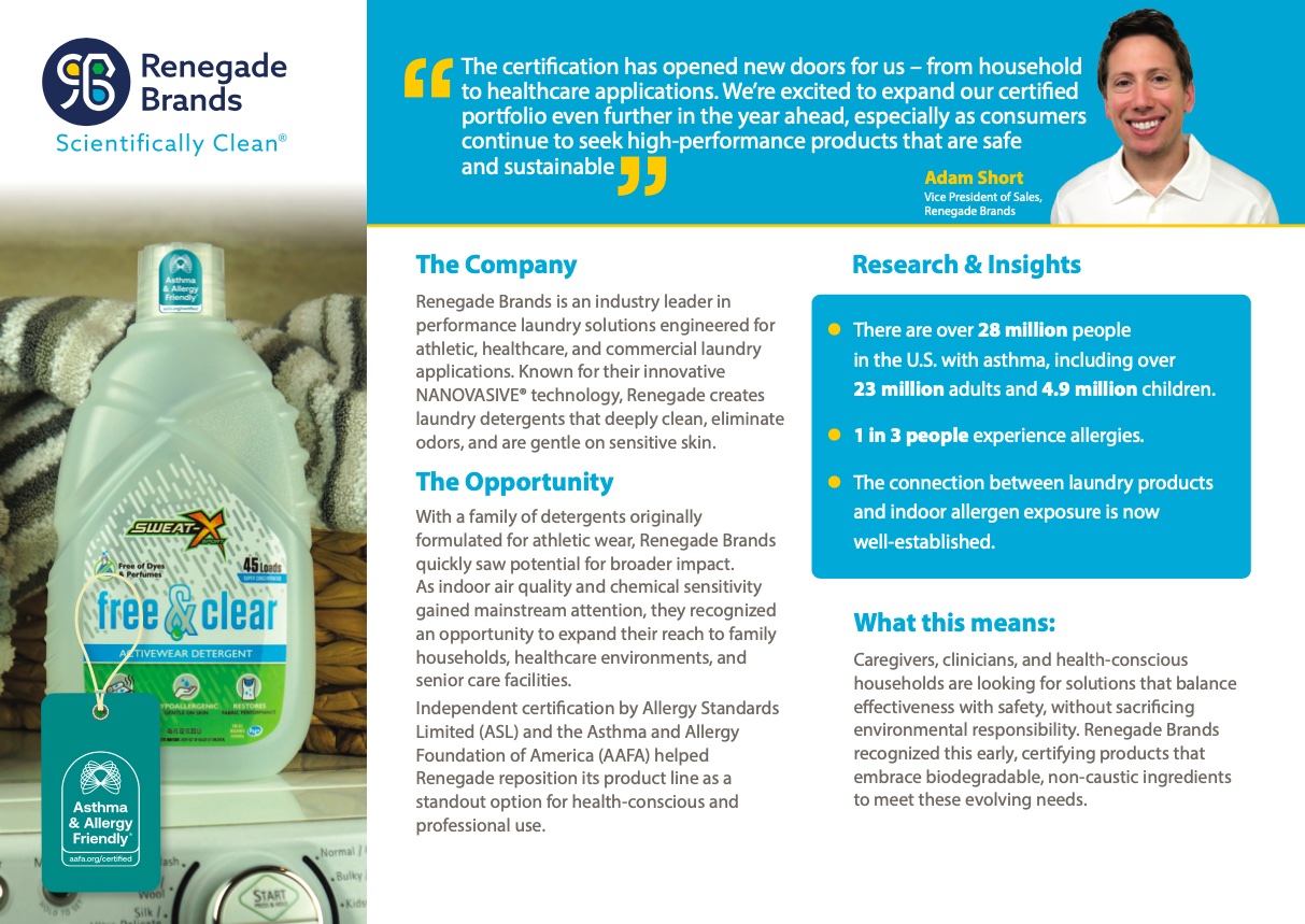 Bottle of Renegade Brands Sweat-X Sport Free & Clear detergent with asthma & allergy friendly® Certification logo, alongside company overview.