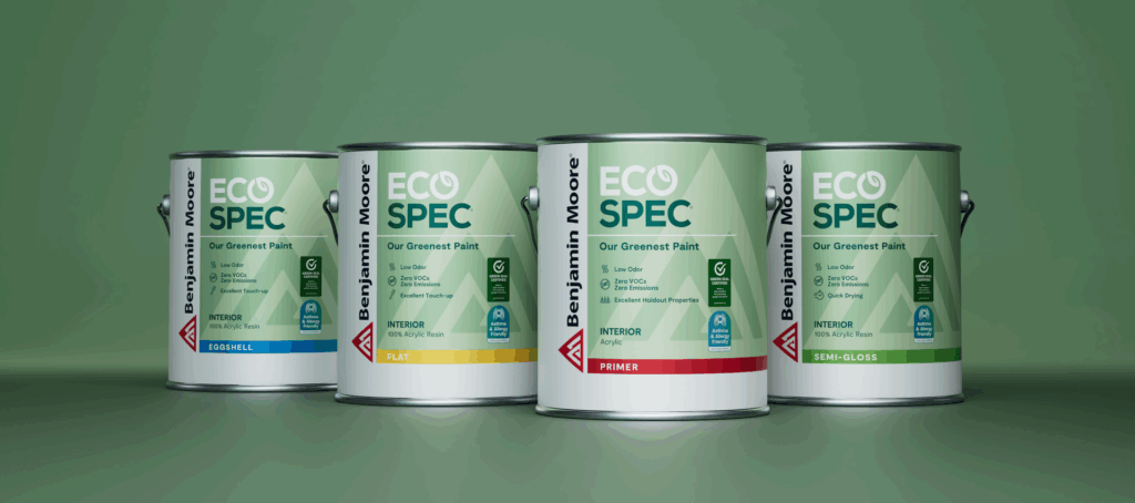 Benjamin Moore Eco Spec® interior paint cans in multiple finishes, Certified asthma & allergy friendly® for low VOC emissions.