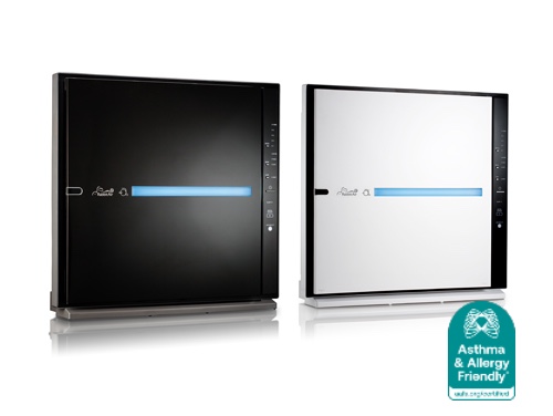 Two Asthma & Allergy Friendly® Certified air purifiers in black and white, shown with the certification mark.