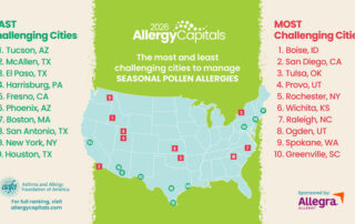 Map from the AAFA Allergy Capitals® 2026 report showing the most and least challenging U.S. cities for seasonal pollen allergies